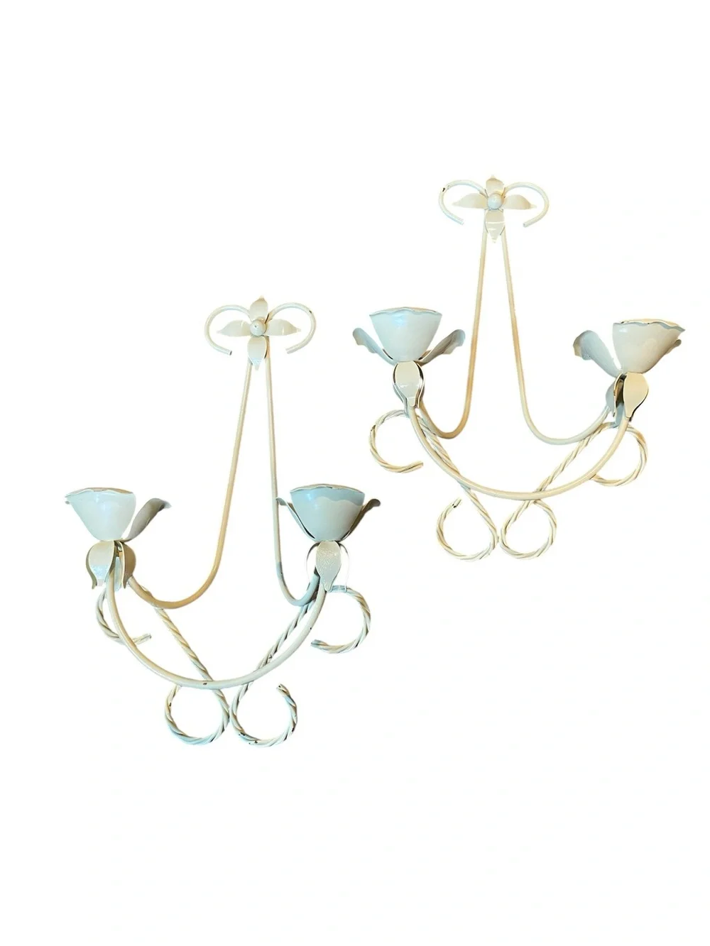 VINTAGE FLORAL METAL OFF WHITE  WALL SCONCES CANDLE HOLDERS